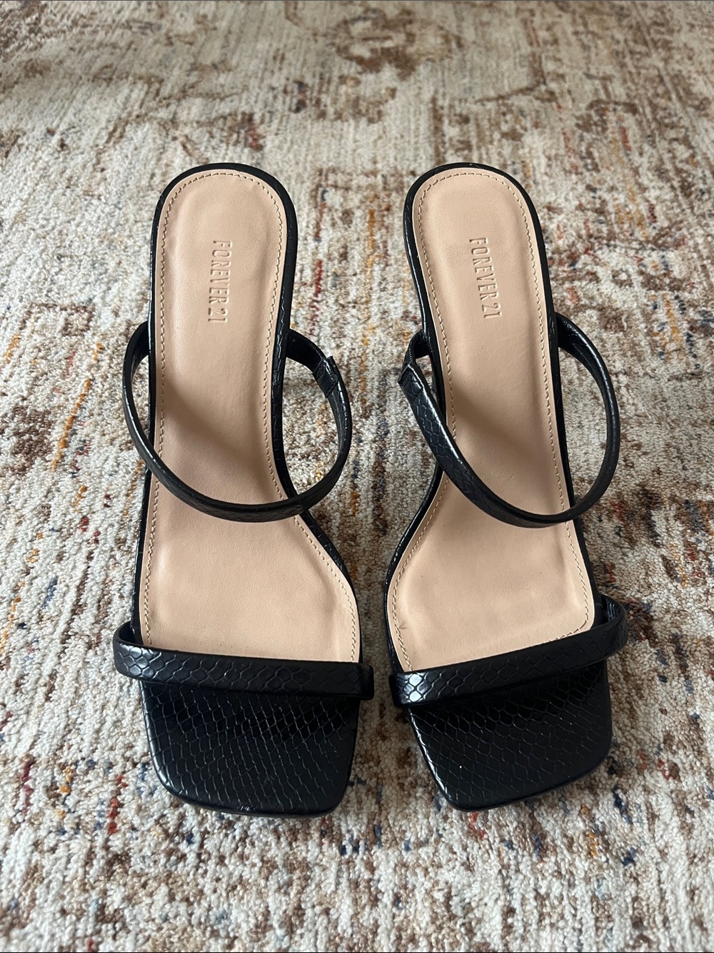 Forever 21 Black Faux-Snakeskin Square-Toe Strappy Heels